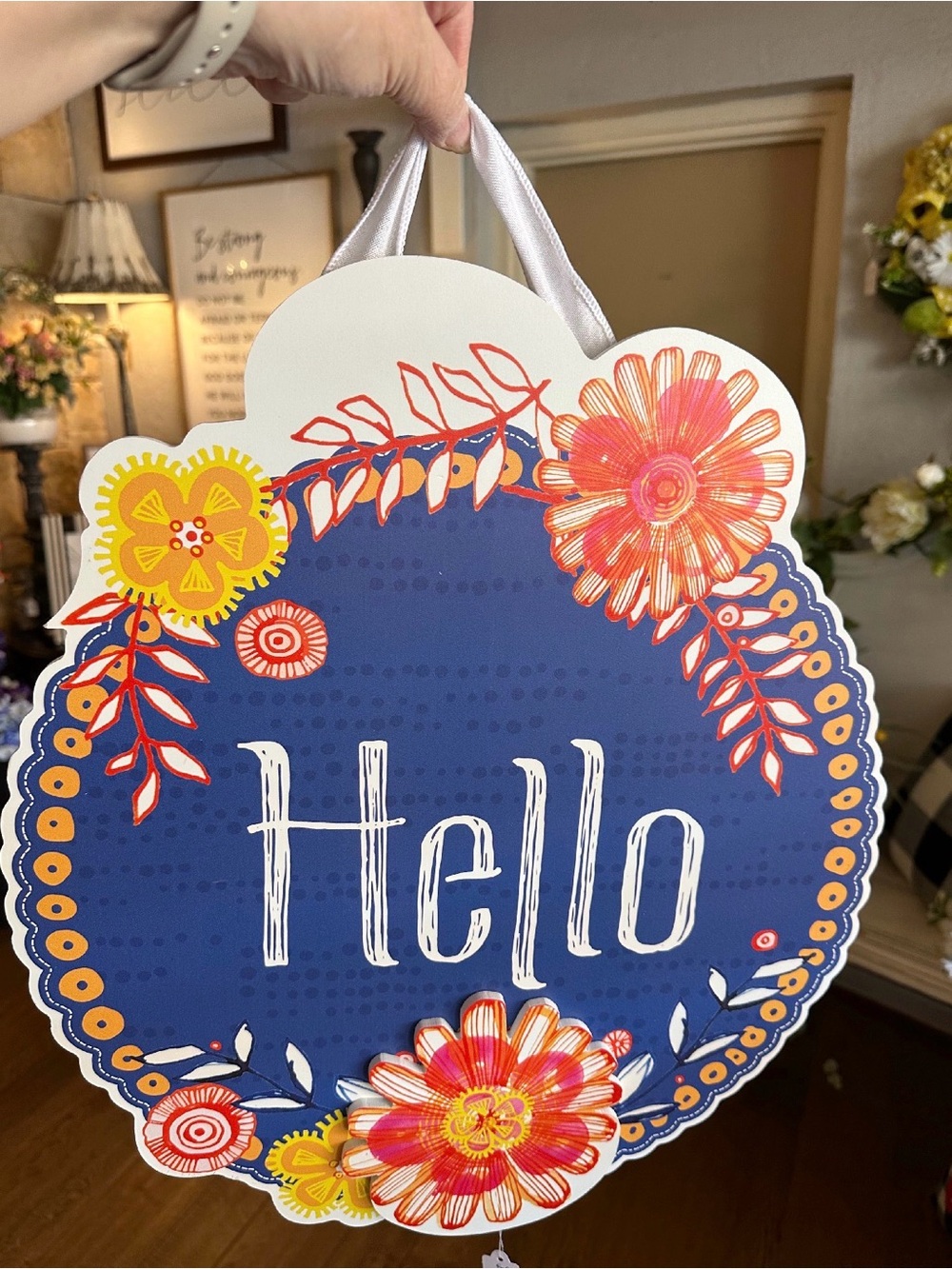 Hello Floral Decorative Hanging Sign - Blue, Orange, Pink Door Hanger
